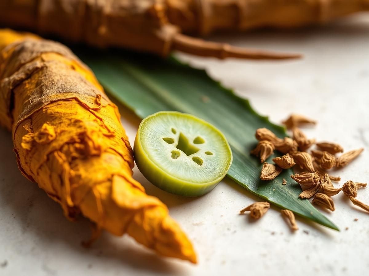 Turmeric root, aloe vera and dried herbs used in our formulations